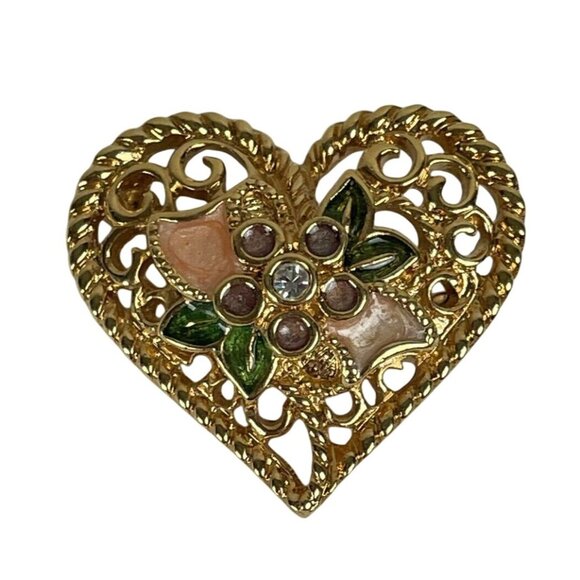 Unbranded Jewelry - Floral Heart Brooch I Love You Rhinestone Enamel Flower Gold Tone Pin Pendant